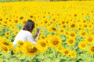 asiatische Frau auf dem Sonnenblumenfeld foto