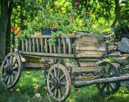 alter Holzwagen mit runden Rädern foto