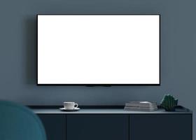 Fernseher spotten hoch. LED Fernseher mit leer Weiß Bildschirm, hängend auf das Mauer beim heim. Kopieren Raum zum Werbung, Film, App Präsentation. leeren Fernsehen Bildschirm bereit zum Ihre Design. modern Innere. 3d machen. foto