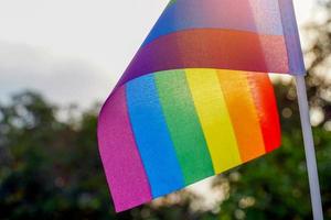 die regenbogenfahne, die vor dem haus auf dem grünen hintergrund der bäume geschmückt ist, mit der morgensonne, die die starke macht und die stabile haltung der lgbt-menschen zeigt. foto