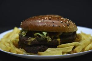 zwei Hamburger mit Fleisch und Französisch Fritten auf ein Platte. köstlich schnell Lebensmittel. Hamburger. foto