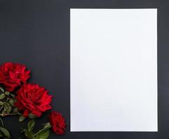 drei rot Blühen Rosen auf ein schwarz Hintergrund und ein leeren Weiß Papier Blatt foto