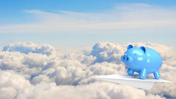 das blaue sparschwein auf papierflugzeug im himmel für verdienen oder sparen konzept 3d-rendering foto