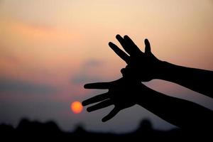 Mensch Hand Silhouette von fliegend Vogel Sonnenuntergang Hintergrund foto