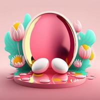 3d Rosa Illustration Podium dekoriert mit glänzend Eier und Blumen zum Produkt Anzeige Ostern Tag foto