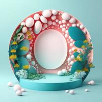 Digital 3d Illustration von ein Podium mit Ostern Eier, Blumen, und Blätter Dekoration foto