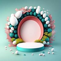 Digital 3d Illustration von ein Podium mit Eier, Blumen, und Blätter Dekoration zum Produkt Anzeige foto