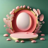 Digital 3d Illustration von ein Podium mit Ostern Eier, Blumen, und Grün Ornamente zum Produkt Anzeige foto