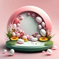 Digital 3d Illustration von ein Podium mit Ostern Eier, Blumen, und Blätter Dekoration zum Ostern Feier foto