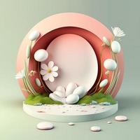 Digital 3d Illustration von ein Podium mit Ostern Eier, Blumen, und Grün Ornamente foto