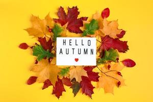 Hallo Herbst. Zeichen mit das Inschrift und gefallen Blätter auf Gelb Hintergrund. Anfang von das fallen Jahreszeit. foto