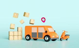 3d Orange LKW, Lieferung van mit Roller, Verpackung, Stift, Waren Karton Kasten, prüfen Kennzeichen isoliert auf Blau Hintergrund. Service, Transport, Versand Konzept, 3d machen Illustration foto