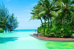 schöner Swimmingpool mit Kokospalme und Meereshintergrund foto