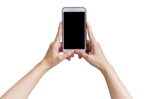 schließen oben Hand Frau halten Telefon und Berührungssensitiver Bildschirm auf isoliert Weiß mit Ausschnitt Weg. foto