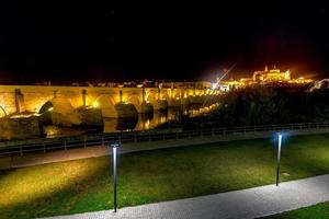 Aussicht von das römisch Brücke, ein Stein Brücke Das überspannt das Fluss Guadalquivir im Córdoba, Spanien beim Nacht. foto