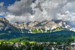 Farben von das Dolomiten im das Spaß Aussicht von das Senke im Süd- Tirol, Italien. Grün Gras, Berge und Blau Himmel. Sommer. foto