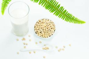 ein Glas von Soja Milch mit Soja Bohnen auf Löffel auf Weiß Hintergrund foto