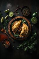 hingeben im das Reich Aromen von Latein Amerika mit unser Empanadas. lecker Bilder Vitrine traditionell, Straße Essen, und Gourmet Stile von diese Geliebte Gericht foto