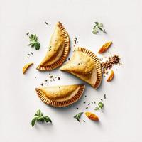 bringen ein berühren von Raffinesse zu Ihre lebensmittelbezogen Projekte mit unser Empanadas auf ein Weiß Hintergrund. Vitrine das Reich Aromen und Vielfalt von Latein amerikanisch Küche foto