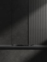 3d schwarz Marmor Anzeige Podium auf Tabelle im das dunkel Zimmer. 3d Rendern von realistisch Präsentation zum Produkt Werbung. 3d minimal Illustration. foto