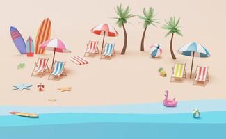 Sommer- Strand oben Aussicht mit Strand Stuhl, Ball ,aufblasbar Flamingo , Regenschirm, Kokosnuss Baum, Seestern, Gummi Floß ,Surfbrett ,Landschaft Hintergrund Konzept ,3d Illustration oder 3d machen foto