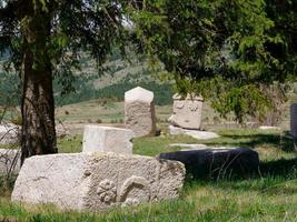 stecke mittelalterlich Grabsteine Friedhöfe Risovac im blind, bih. UNESCO Seite? ˅. historisch Platz von Interesse. das Grabsteine Feature ein breit Angebot von dekorativ Motive und Inschriften. foto