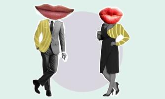 Kunst Collage mit ein Mann und ein Frau im ein Geschäft passen und ein schön Kleid mit groß Lippen auf ein Licht farbig Hintergrund. foto