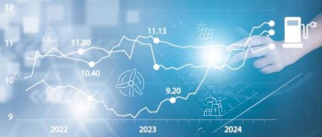Ölenergiediagramm des Weltmarktes, Auswirkungen auf das Wirtschaftskonzept, Hand-Touch-Diagramm mit dem Indikator auf der Ölpreisrutsche an der Tankstelle, Schwankungen der Ölpreise und Börsenhandel. foto