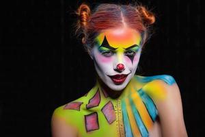 spielerisch Dame mit ein Gesicht Gemälde Clown foto