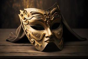 golden venezianisch Maske auf ein hölzern Tabelle foto