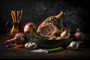 frisch schweinshaxe mit Gewürze, Knoblauch und Salz- Essen Fotografie foto