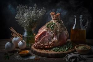 frisch schweinshaxe mit Gewürze, Knoblauch und Salz- Essen Fotografie foto