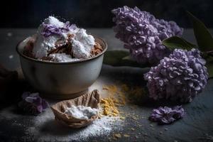 hausgemacht und lecker gebraten lila Blume mit pulverisiert Zucker Essen Fotografie foto