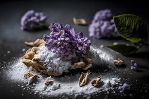 hausgemacht und lecker gebraten lila Blume mit pulverisiert Zucker Essen Fotografie foto