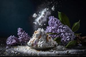 Vorbereitung zum gebraten lila Blume mit pulverisiert Zucker. Süss Dessert Fotografie foto