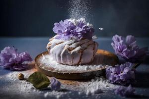 hausgemacht und lecker gebraten lila Blume mit pulverisiert Zucker Essen Fotografie foto