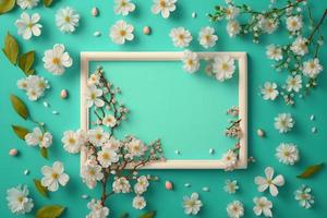 schön Frühling Natur Hintergrund mit schön Blüte, Blütenblatt ein auf Türkis Blau Hintergrund Rahmen foto