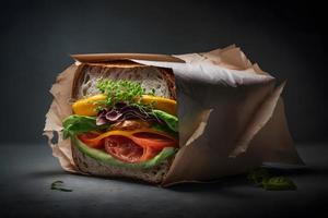 hausgemacht nehmen Weg Sandwich verpackt im ein grau Papier Essen Fotografie foto