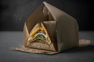 hausgemacht nehmen Weg Sandwich verpackt im ein grau Papier Essen Fotografie foto