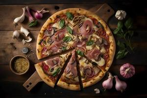 Capricciosa Pizza gemacht von Schinken und Pilze. traditionell Italienisch Pizza Essen Fotografie foto