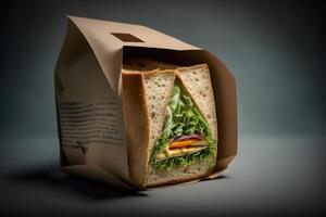 hausgemacht nehmen Weg Sandwich verpackt im ein grau Papier Essen Fotografie foto