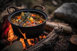 köstlich und heiß Jäger Eintopf auf Lagerfeuer Essen Fotografie foto