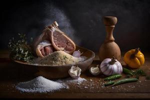 frisch schweinshaxe mit Gewürze, Knoblauch und Salz- Essen Fotografie foto