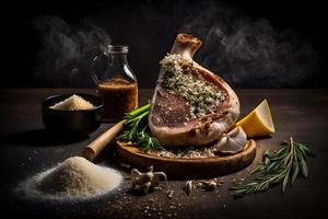 frisch schweinshaxe mit Gewürze, Knoblauch und Salz- Essen Fotografie foto