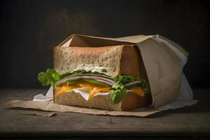 hausgemacht nehmen Weg Sandwich verpackt im ein grau Papier Essen Fotografie foto