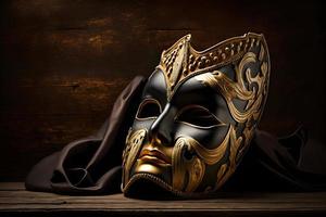 golden venezianisch Maske auf ein hölzern Tabelle foto