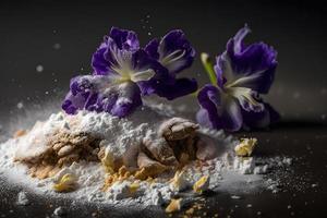 hausgemacht und lecker gebraten lila Blume mit pulverisiert Zucker Essen Fotografie foto