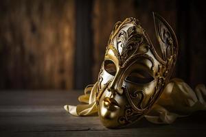 golden venezianisch Maske auf ein hölzern Tabelle foto