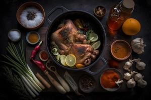 Zutaten zum geröstet Schweinefleisch Knöchel im Kasserolle mit Gewürze foto