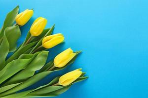 Strauß von fünf Gelb Tulpen mit Grün Blätter im Unterseite richtig Ecke auf Blau Papier Hintergrund. März 8 Damen Tag. Mütter Tag. Oma Tag. glücklich Geburtstag. ukrainisch Farben. Platz zum Text. foto